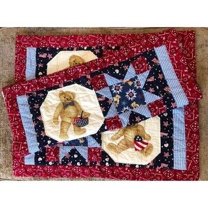 Vtg Quilted Teddy Bear Red Bandana Patriotic Flag Heart Pillow Shams 2-23X29